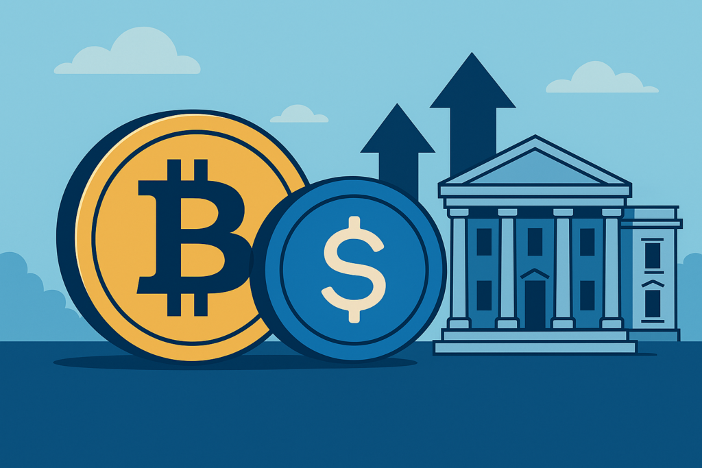 an illustration of white house with arrows pointing upwards in the background with bitcoin and stable coin logos at the foreground