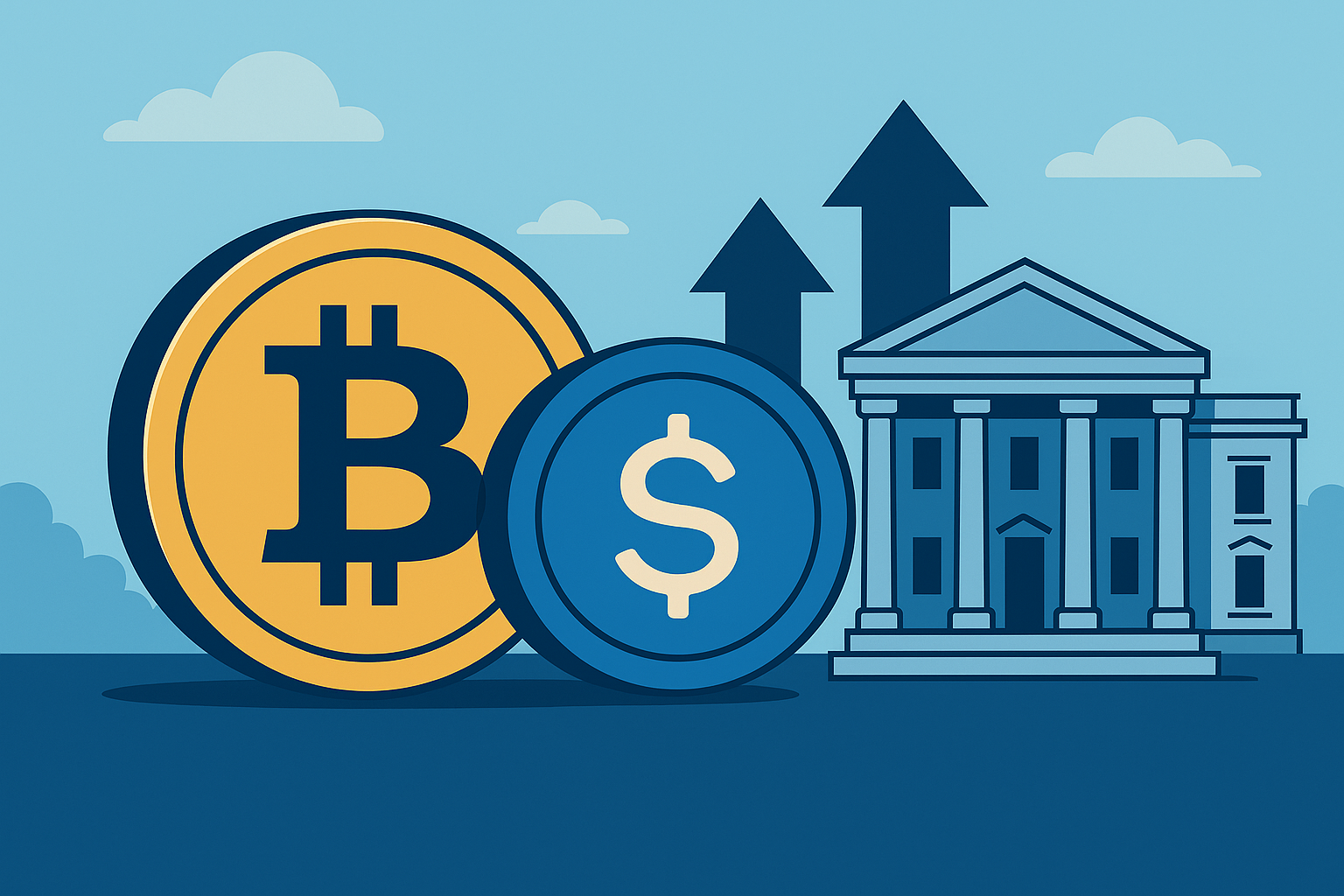 an illustration of white house with arrows pointing upwards in the background with bitcoin and stable coin logos at the foreground