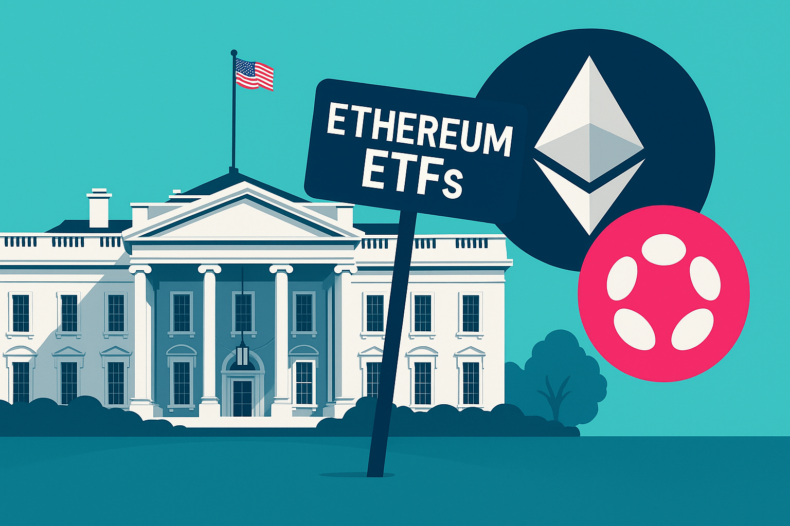 image showing white house, ethereum etfsd and polkadot logo set on a light blue abckground