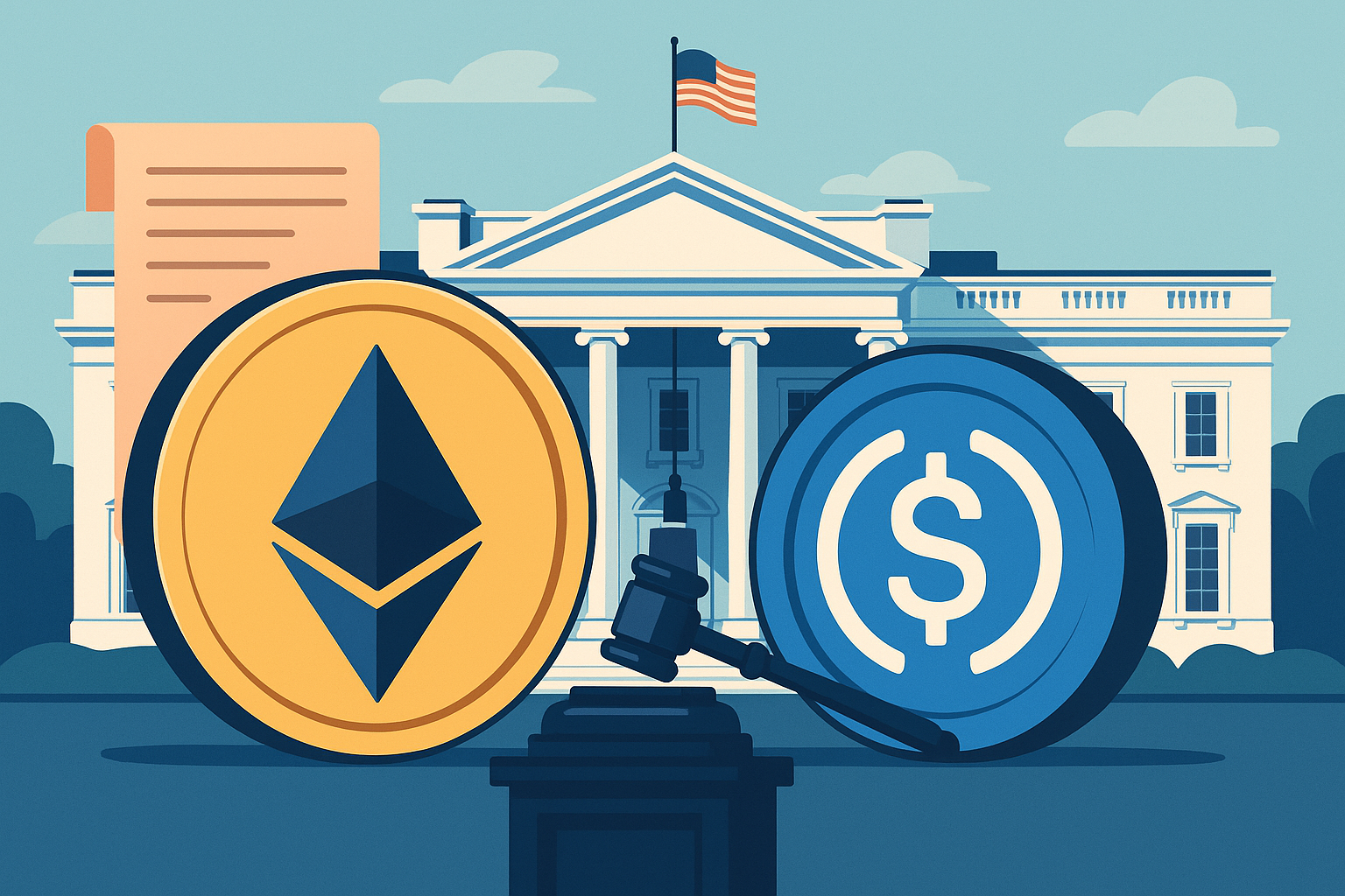 an illsutration of white house with usdc coin and ethereum icon at the forefront set on a light blue background
