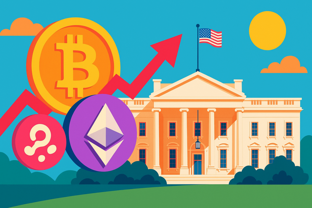 a colourful illustration of white house together with bitcoin and altcoins soaring