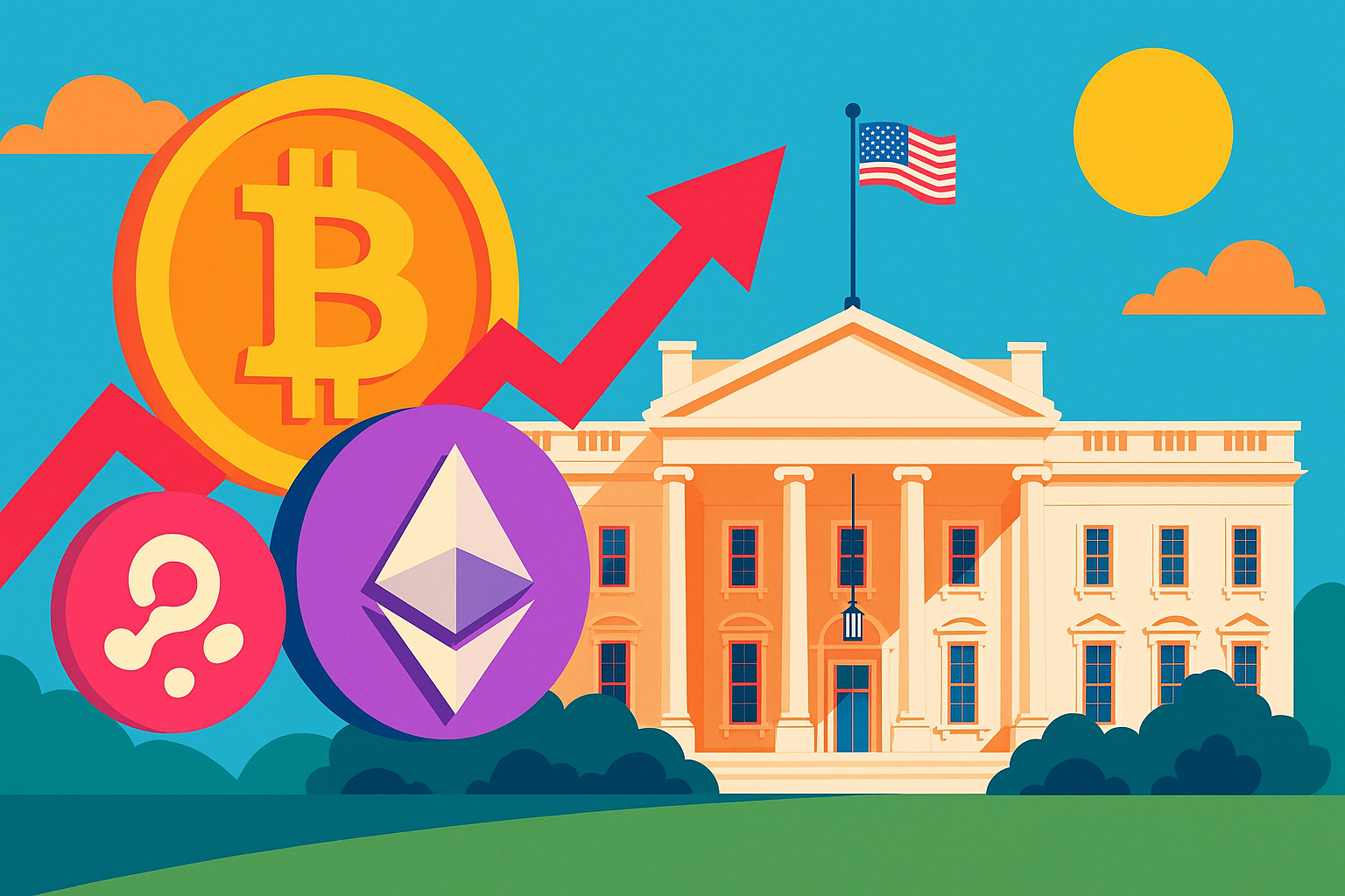 a colourful illustration of white house together with bitcoin and altcoins soaring