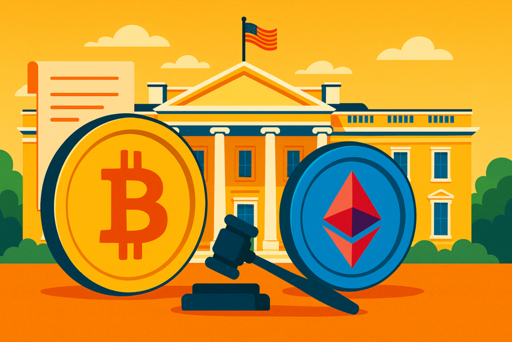 illustration of white house with a bill being passed and bitcoin and ethereum logos on each side