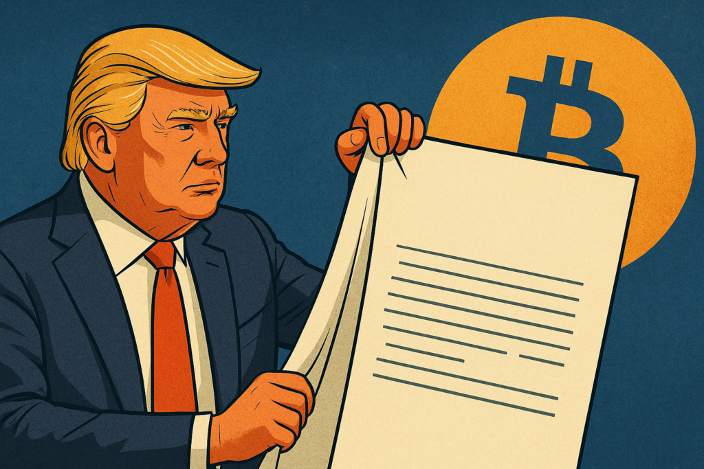 an illustration of trump showing a report with bitcoin's logo behind him set on a dark blue background