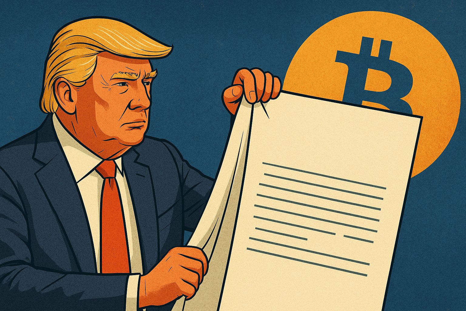 an illustration of trump showing a report with bitcoin's logo behind him set on a dark blue background