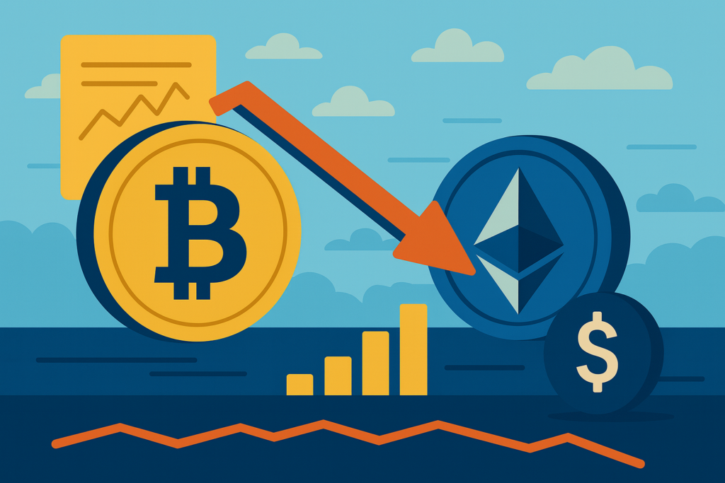an illustration of bitcoin coin and ethereum coin with arrow showing downward trend set on a light blue clouds