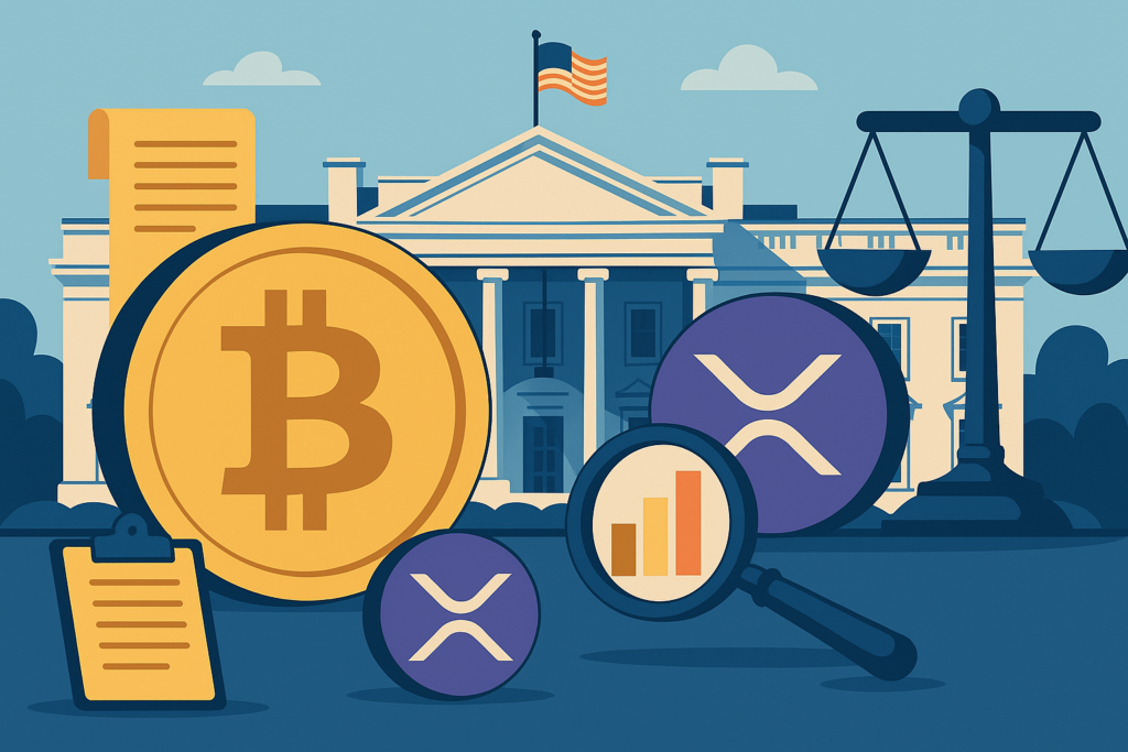 an illsutration of bitcoin and xrp coins with balancing scales with white house in the background