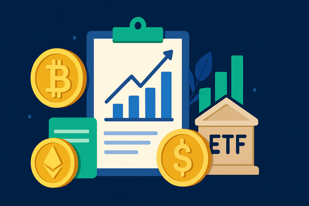 an illustration showing bitcoin ethereum and usdc logos floating near a column that says etf on a dark blue background