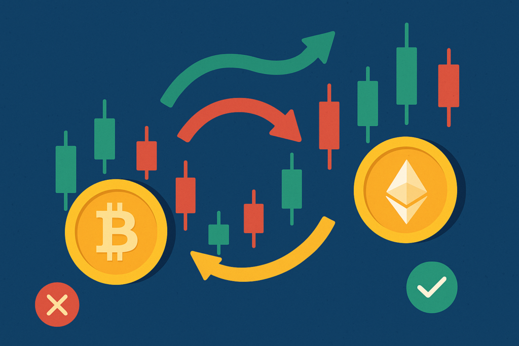 a bitcoin and ethereum coin floating on a dark blue background with a candle crypto chart between them and reverted arrows between the 2 coins