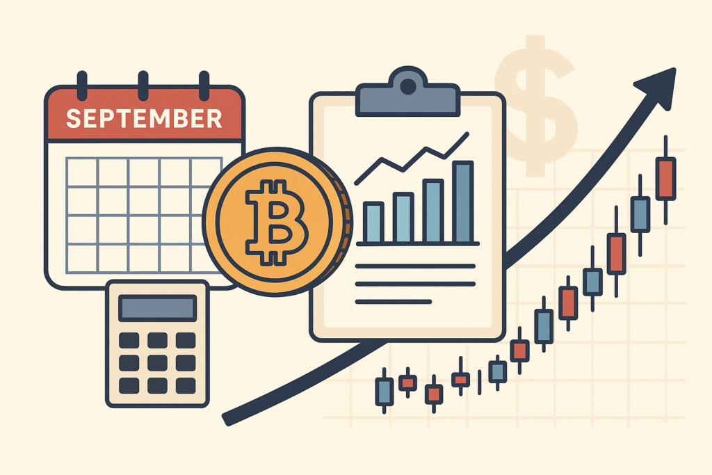 illustration of graph rising including candles, with bitcoin logo, calculator and a calendar showing September