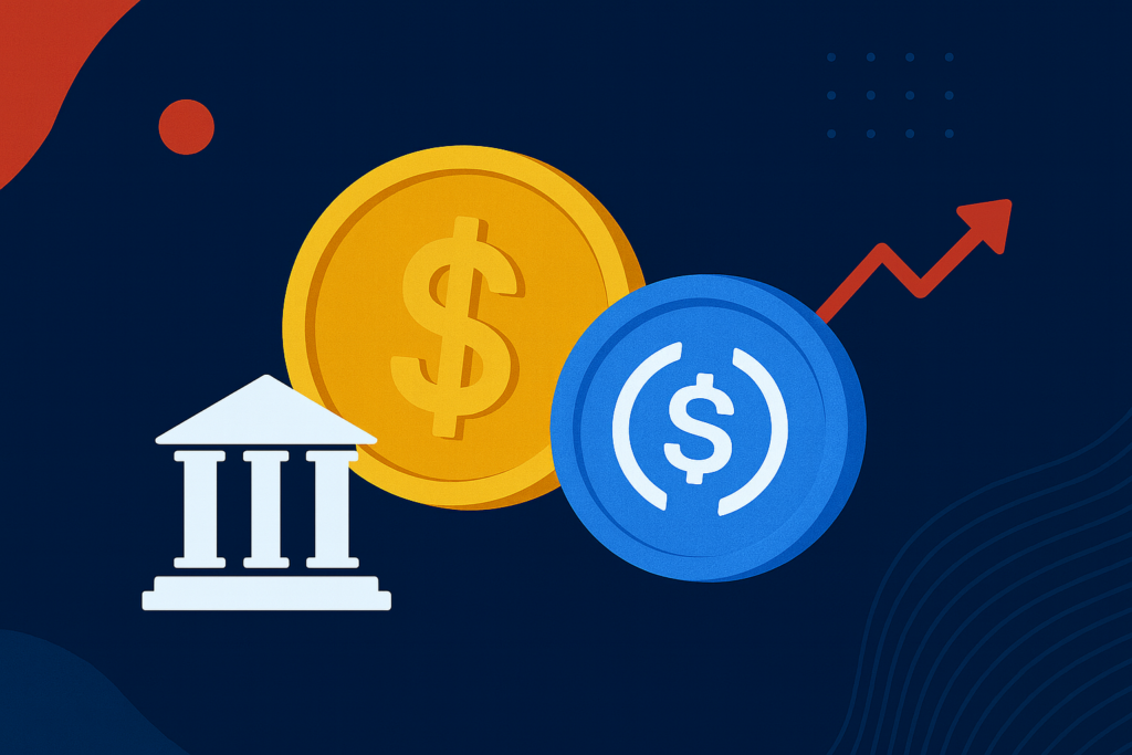 an illustration of US dollar icon floating next to USDC with an element showing institutions and a graph moving upward set on a dark blue background