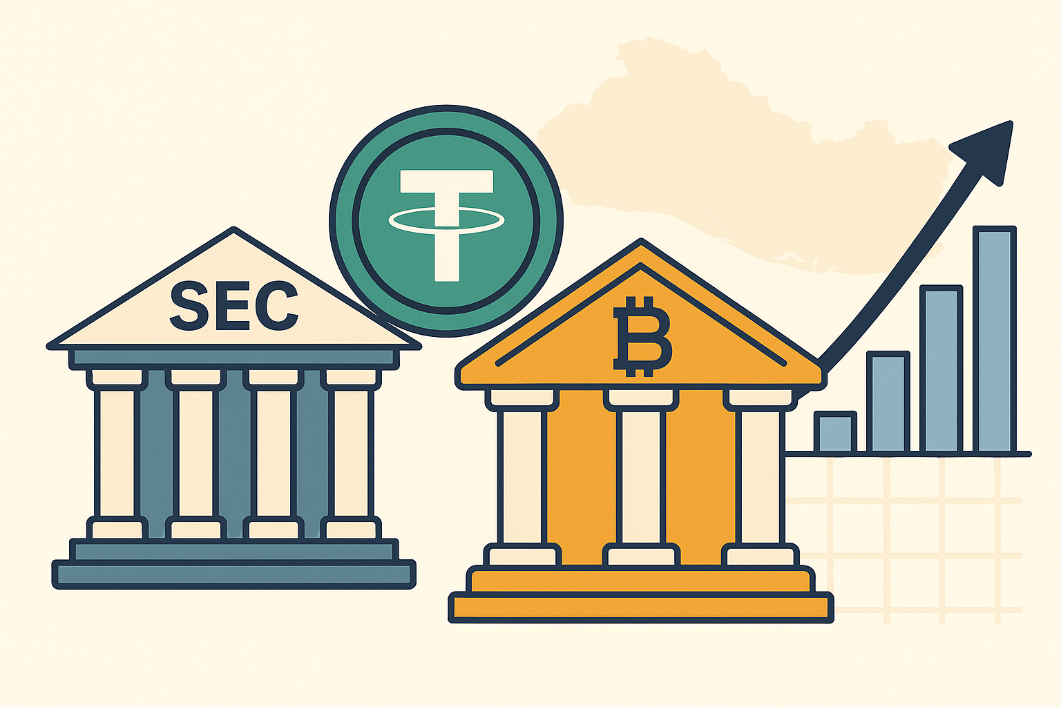an illustration of SEC institution, crypto banks and a graph showing an upward trend for Bitcoin
