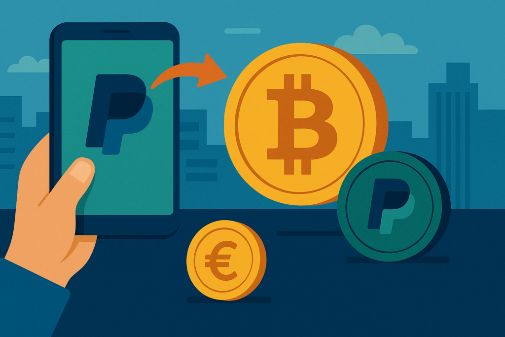 an illustration of a hand holding a mobile phone with the paypal logo on it with an arrow coming out of the screen and pointing to a Bitcoin and Euro coins floating on a blue background