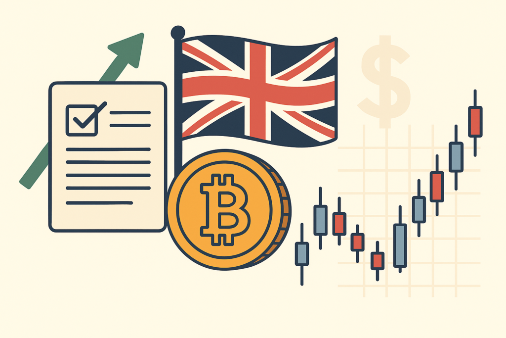 an illustration showing UK flag with a graph climbing high and bitcoin coin floating next to a document being signed