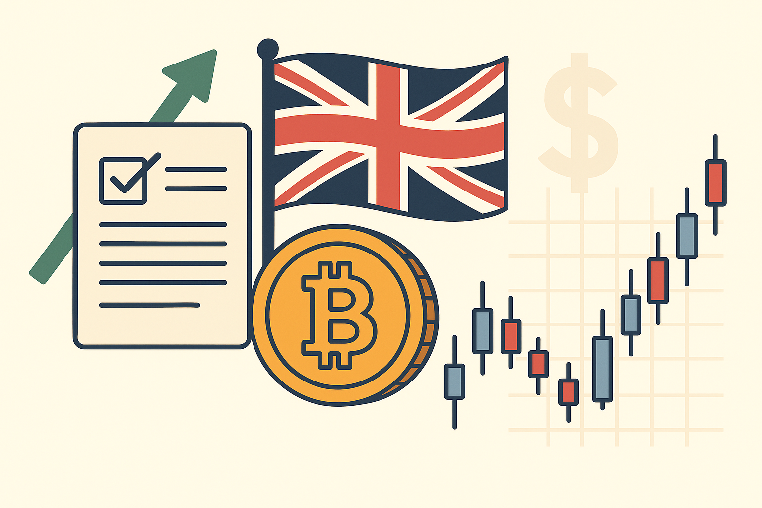 an illustration showing UK flag with a graph climbing high and bitcoin coin floating next to a document being signed