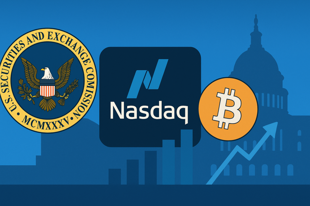 illustration showing SEC logo NASDAQ logo as well as btc logo with graph showing an upward trend in the background