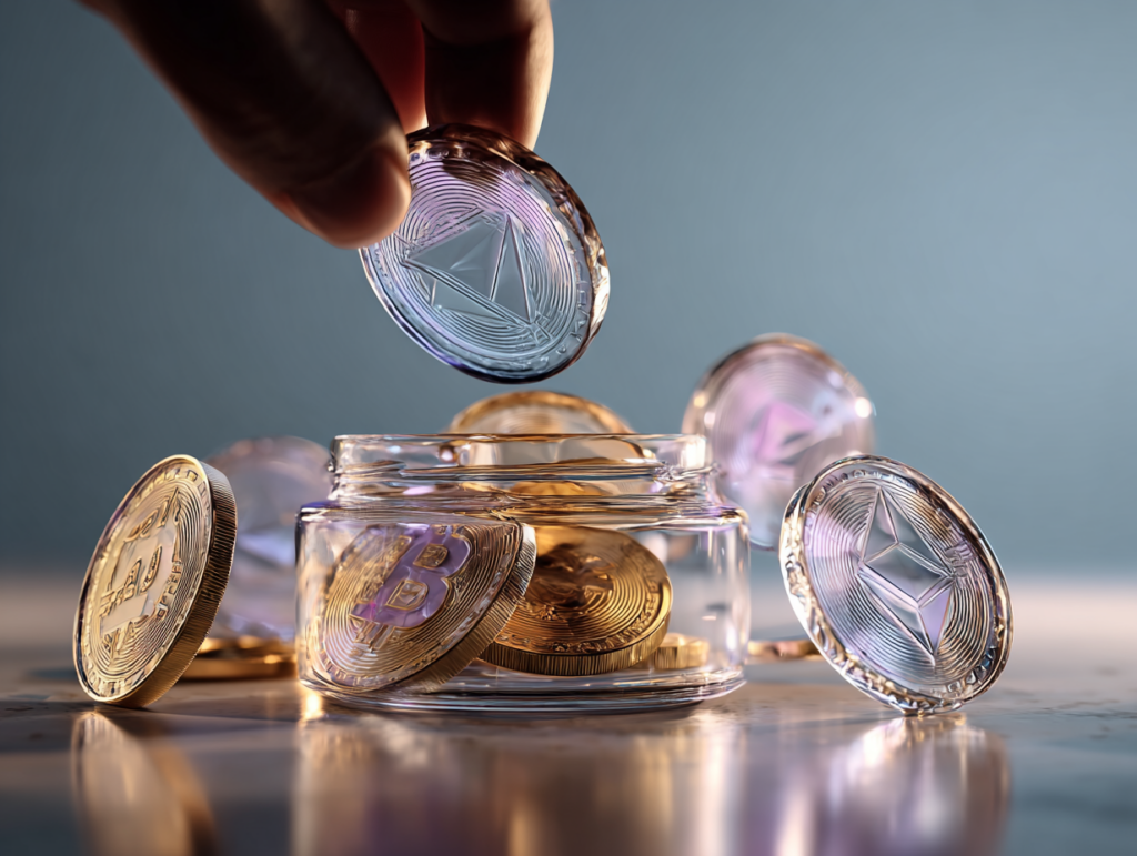 a jar with transparent cryptocurrency coins in it, around it and a hand lacing one coin in the jar
