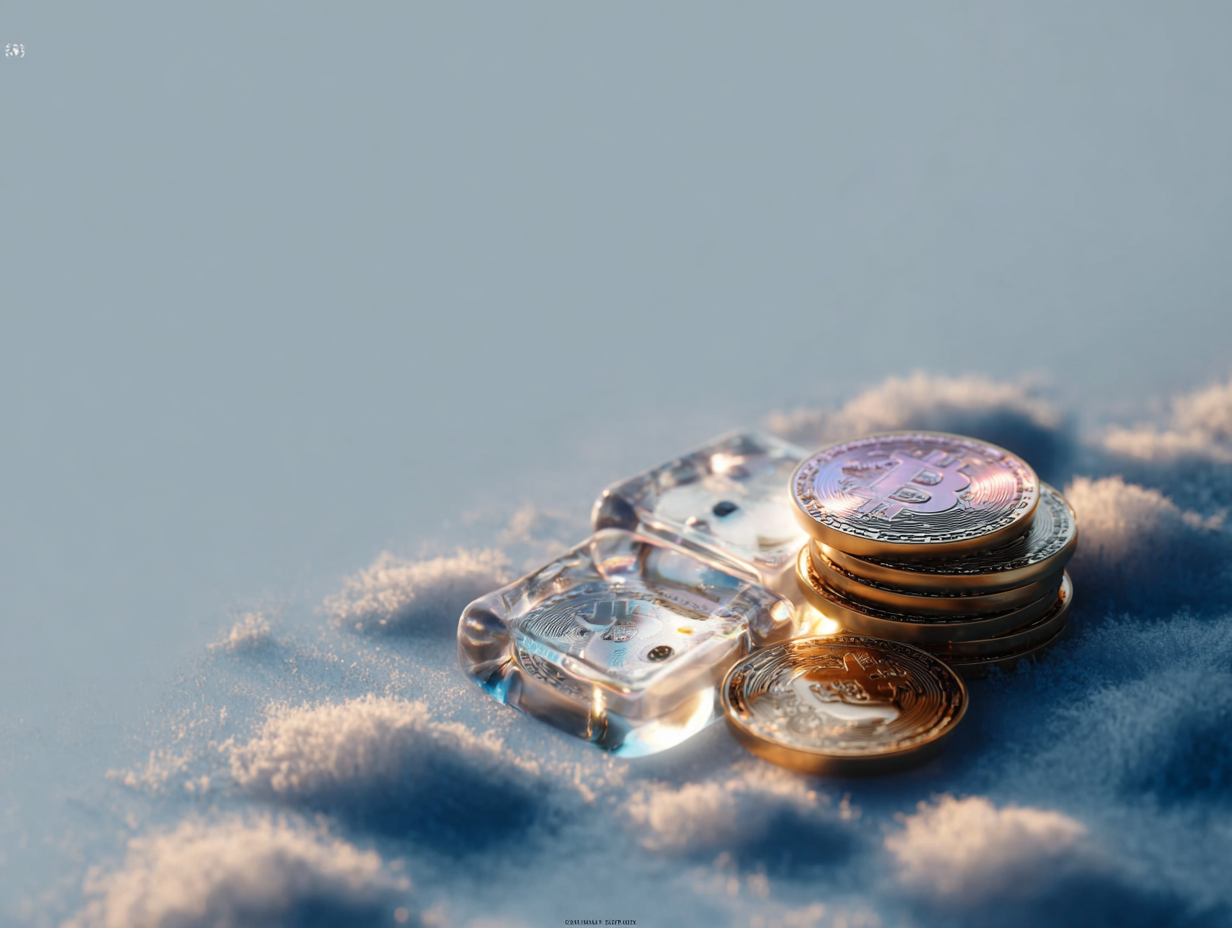 Crypto coins covered in snow, representing a prolonged crypto market downturn known as a crypto winter
